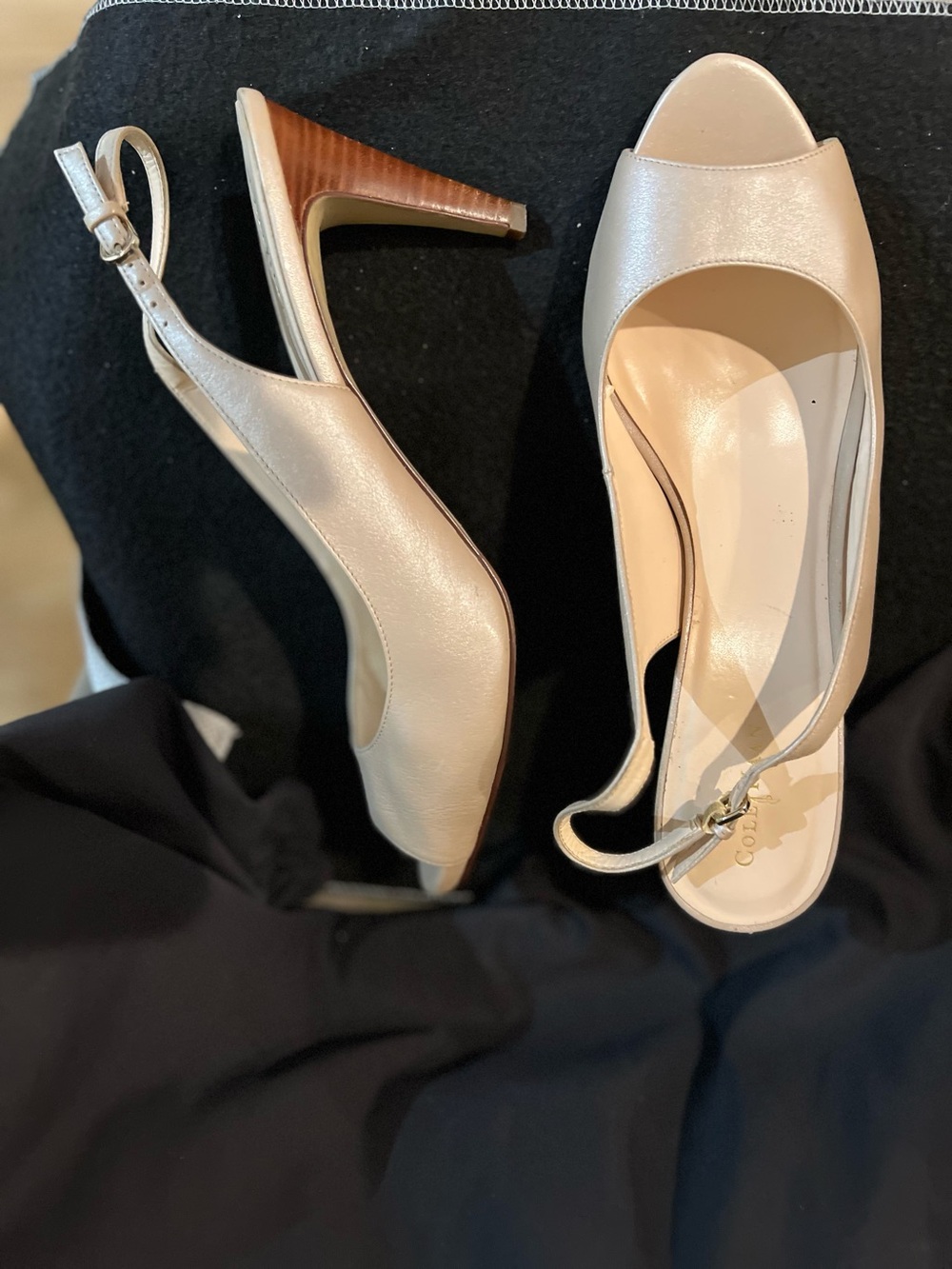 Cole Haan Cream Leather Slingback Heels with Wood-Effect Heel